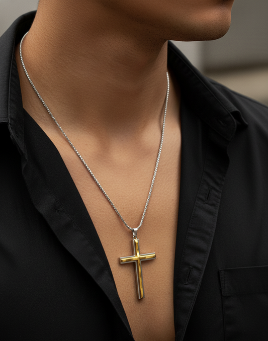 Gold cross necklace on a person wearing a black shirt
